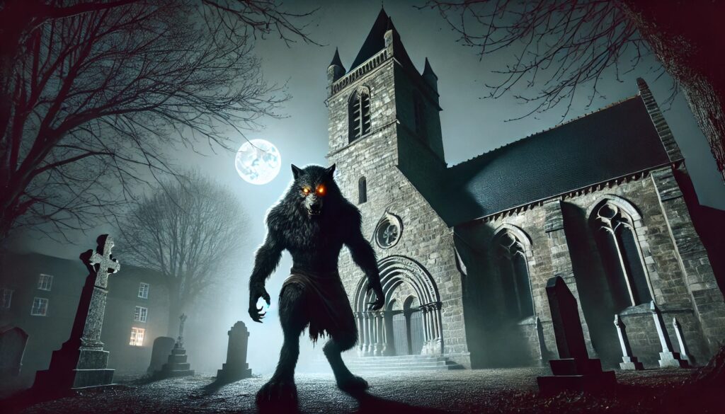 Image générée par Intelligence artificielle représentant un loup-garou devant l'église Saint-Etienne