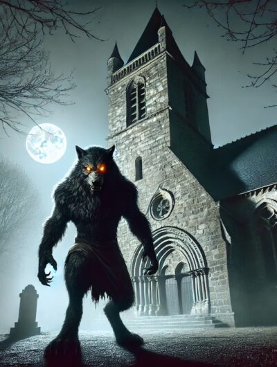 Image générée par Intelligence artificielle représentant un loup-garou devant l'église Saint-Etienne