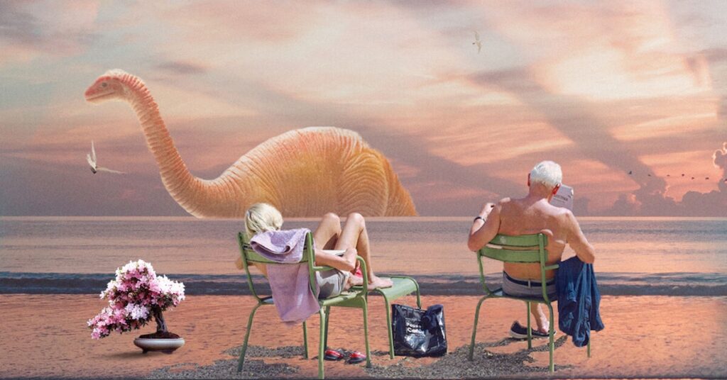 Illustration avec deux personnes sur la plage devant un dinosaure