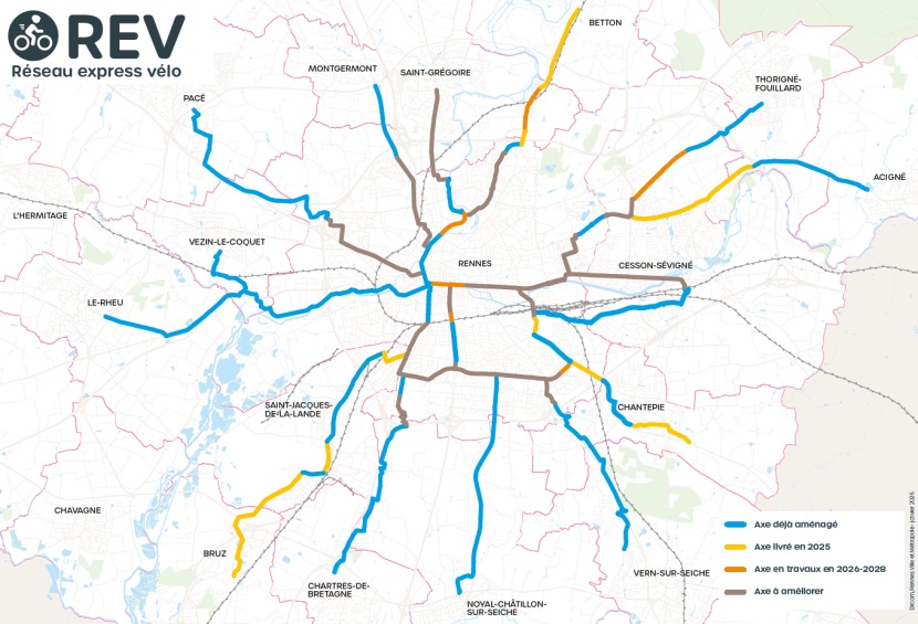 Carte du réseau express vélo de Rennes Métropole avec les pistes cyclables déjà réalisées et celles à venir ou en cours de réalisation